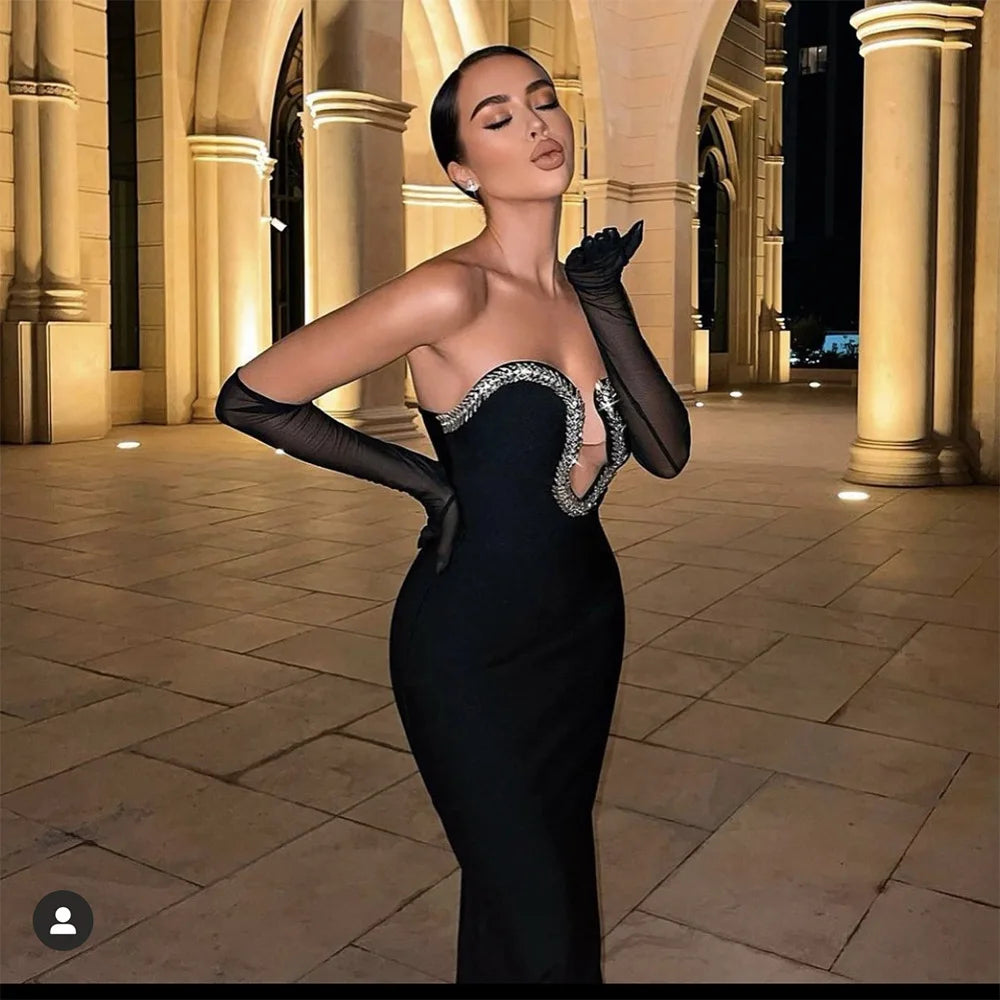 Vestido Elegant Black Strapless Crystal Birthday Wedding Party Long Gown Women Bridal Prom Dress Plus Size Maxi Evening Dresses