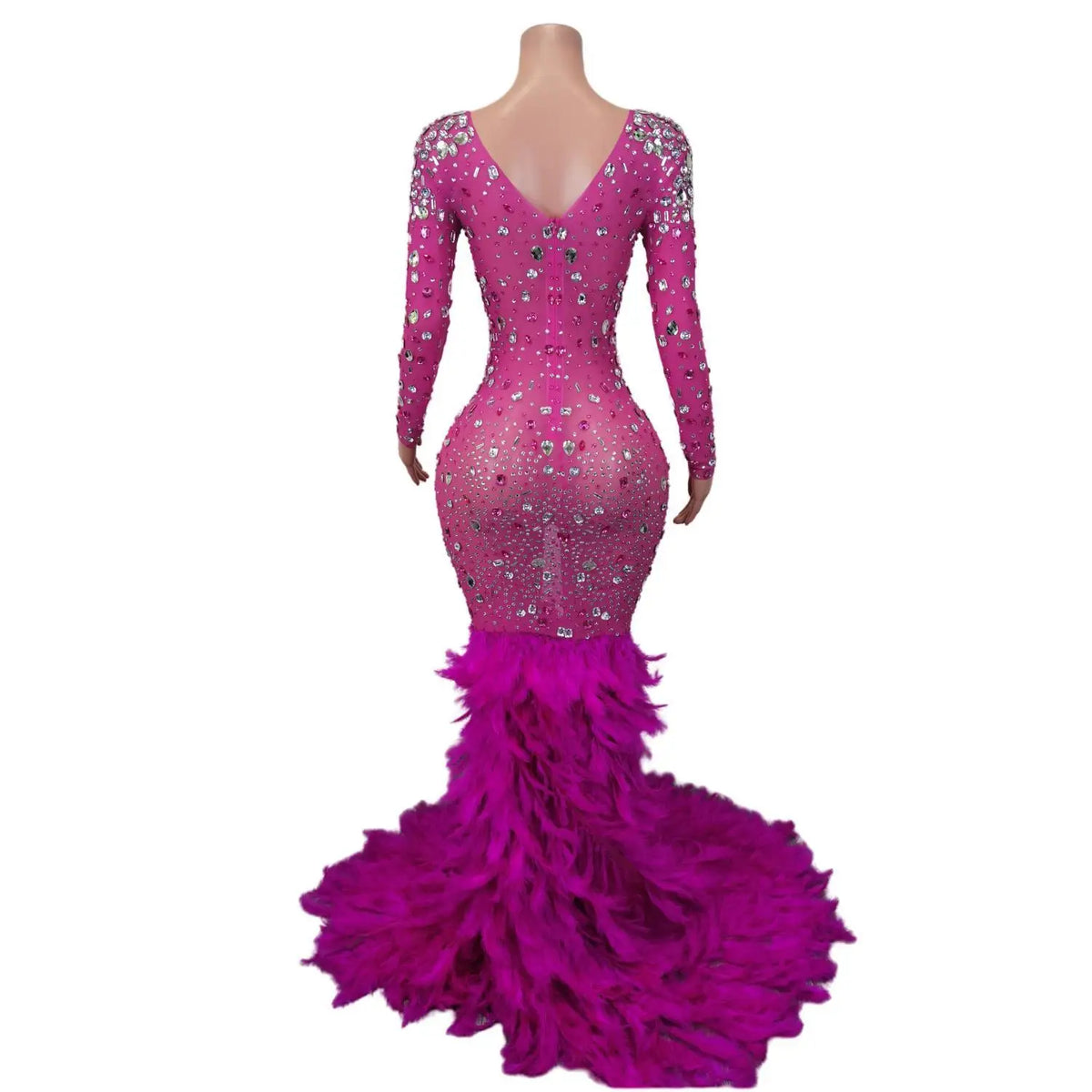 Elegant Pink Diamond Formal Birthday Cocktail Evening Dress Long Tail Ball Gown Women Feathers Pageant Party Prom Mermaid Dress