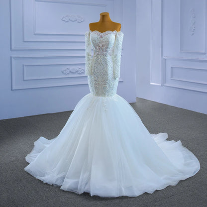 Jancember  Rsm67353 Luxury Tube Top Long Sleeve Lace Embroidered Mermaid Wedding Dress
