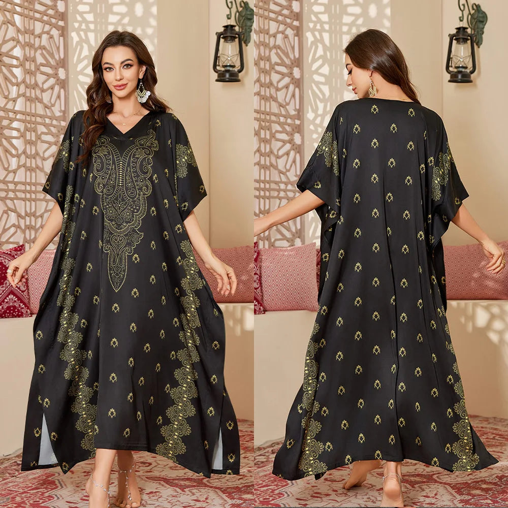 2026 New Satin Printed Abaya Women Traditional Islamic Clothing Long Robe Modest Muslim Dress