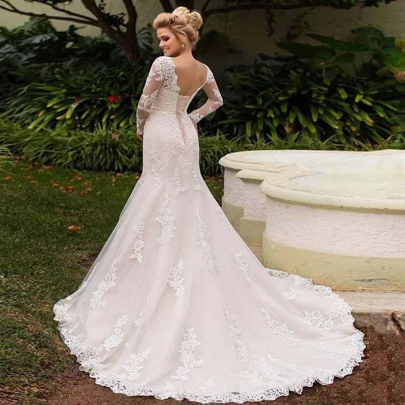Spring New Backless Mermaid Trailing Lace Wedding Dress Long Sleeve Lawn Empire Silhouette Embroidered Technique