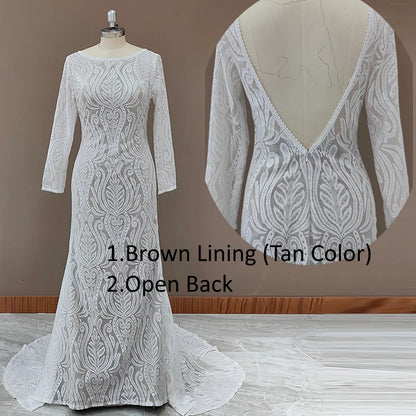 #4053 New Elegant Lace Bateau Long Sleeves Boho Wedding Dress Backless Plus Size Rustic Bridal Photoshoot Gown