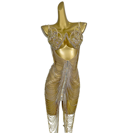Luxury Halter Backless Gold Rhinestones Tassel Bra Prom Dress Sexy Hollow Out Exotic Stripper Dancewear Women Club Party Dresses