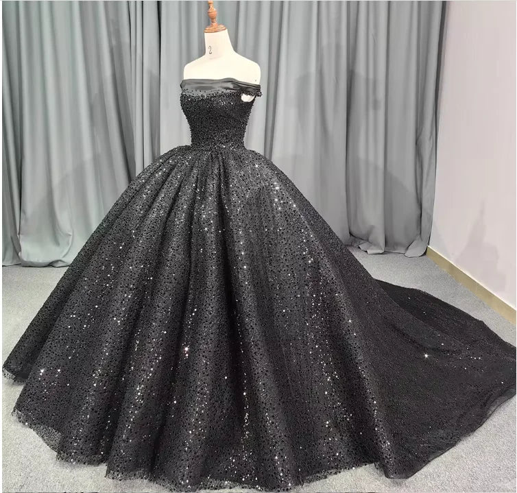 QD1647 Black Pearls Strapless Quinceanera Dresses Ball Gown  Princess Dress New Designs Puffy Make Your Own Ball Gowns