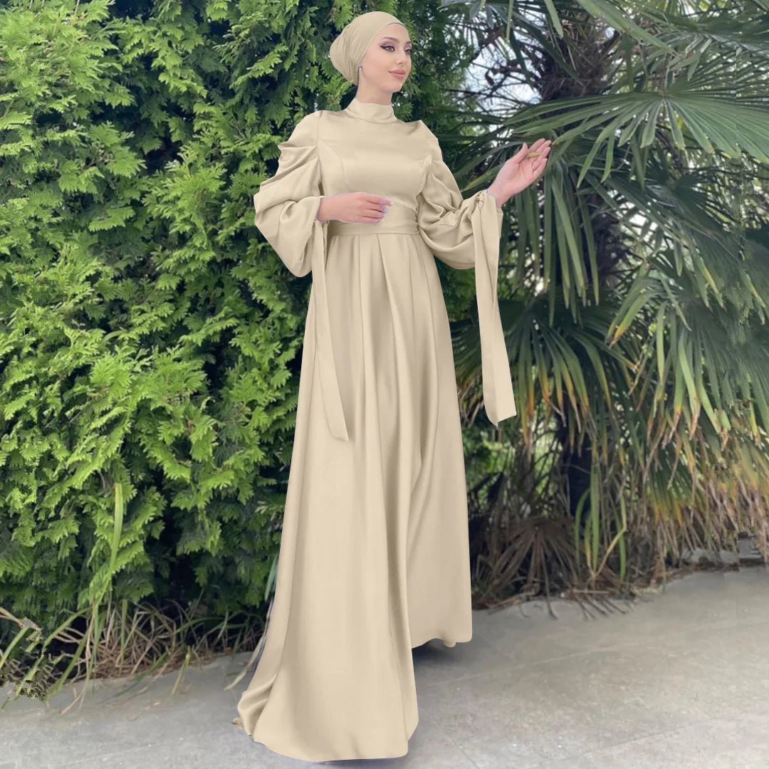 Enyami Satin Elegant Maxi Evening Dress Long Sleeves Abayah Islamic Clothing Muslim Women Dress With Head Scarf