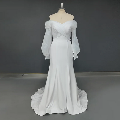 Real Photos Off Shoulder Lantern Sleeves Sheath Soft Satin Ruched Sweep Train Wedding Dress Low Back Bridal Gown for Women
