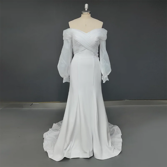Real Photos Off Shoulder Lantern Sleeves Sheath Soft Satin Ruched Sweep Train Wedding Dress Low Back Bridal Gown for Women
