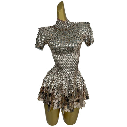 Sexy Short Sleeve Sequin a Line Dress Stage Performance Wear Dinner Gowns Birthday Prom Mini Dress Women Sexy Club Party Dress