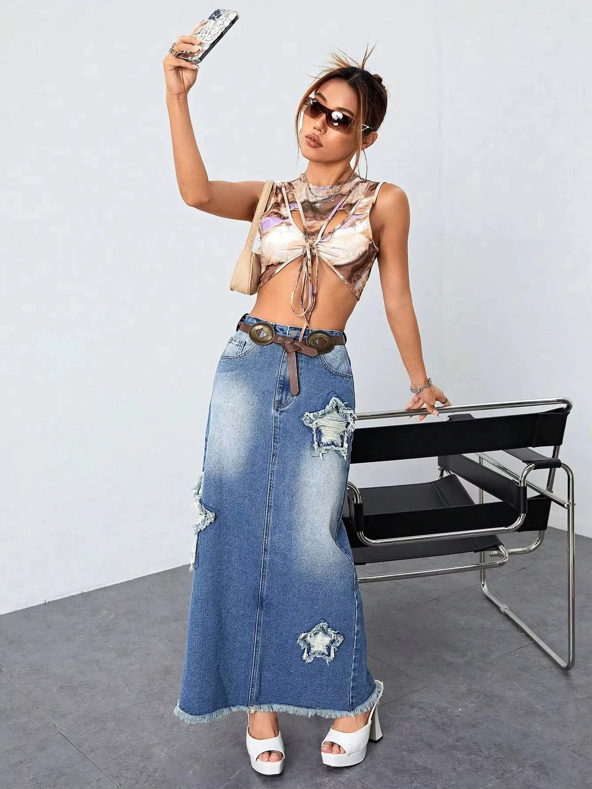 Retro High-waisted Denim Dress Starlet Tassel Pattern Design Long Skirt Lady Tight-fitting Hip Spice Skirt