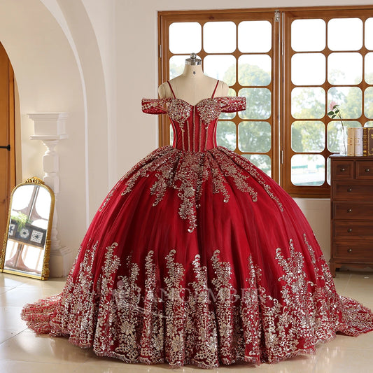 Red Quinceanera Dress Prom Burgundy and Gold Applique Tulle Princess Dress Sweet 15 Year Old Party Dress Wc042-2