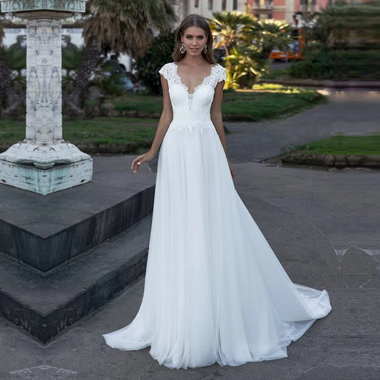 FA194 Wedding Dress V-Neck Capped Sleeve a Line Boho Simple Bridal Gowns Vestido De Noiva Elegant Plus Size Bride Dresses