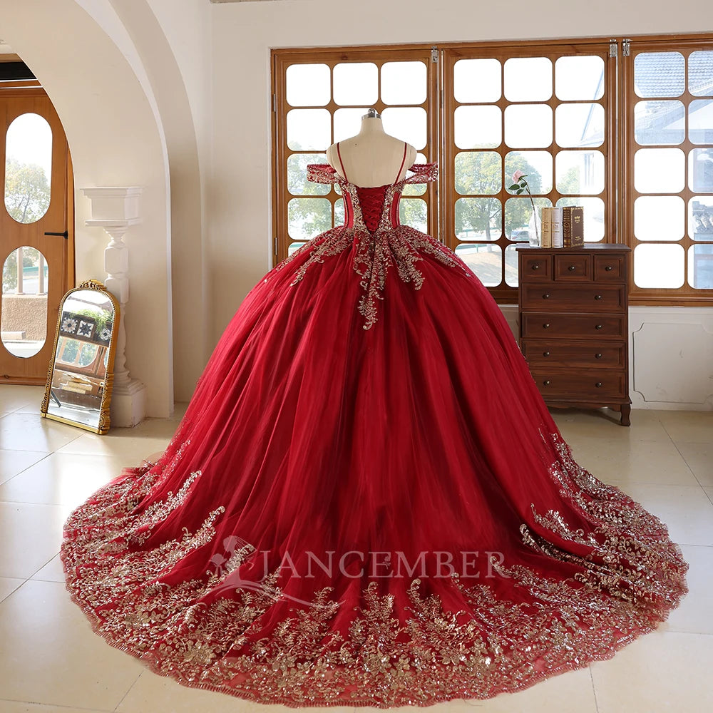 Red Quinceanera Dress Prom Burgundy and Gold Applique Tulle Princess Dress Sweet 15 Year Old Party Dress Wc042-2