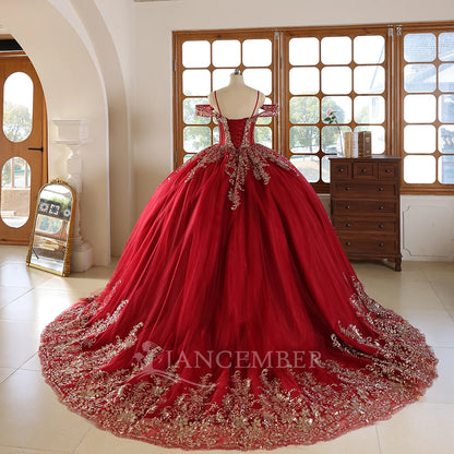 Red Quinceanera Dress Prom Burgundy and Gold Applique Tulle Princess Dress Sweet 15 Year Old Party Dress Wc042-2