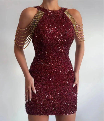 European American New Women's Eco-Friendly Sexy Colorful Sequin Mini Ball Gown Backless Halterneck Tassel Slim Hip Skirt Dress