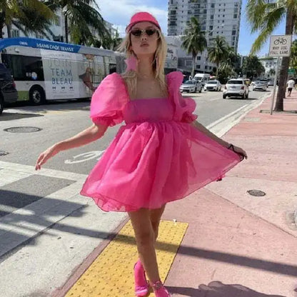 Short Puff Sleeve Cute Style Women Girls Dress Square Neck Low Cut High Waist Tulle Tutu Ball Gown Mini Dresses