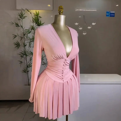 Women's Pleated V-neck Long-sleeved Dress French Style Slim Waist Knee Length Skirt
