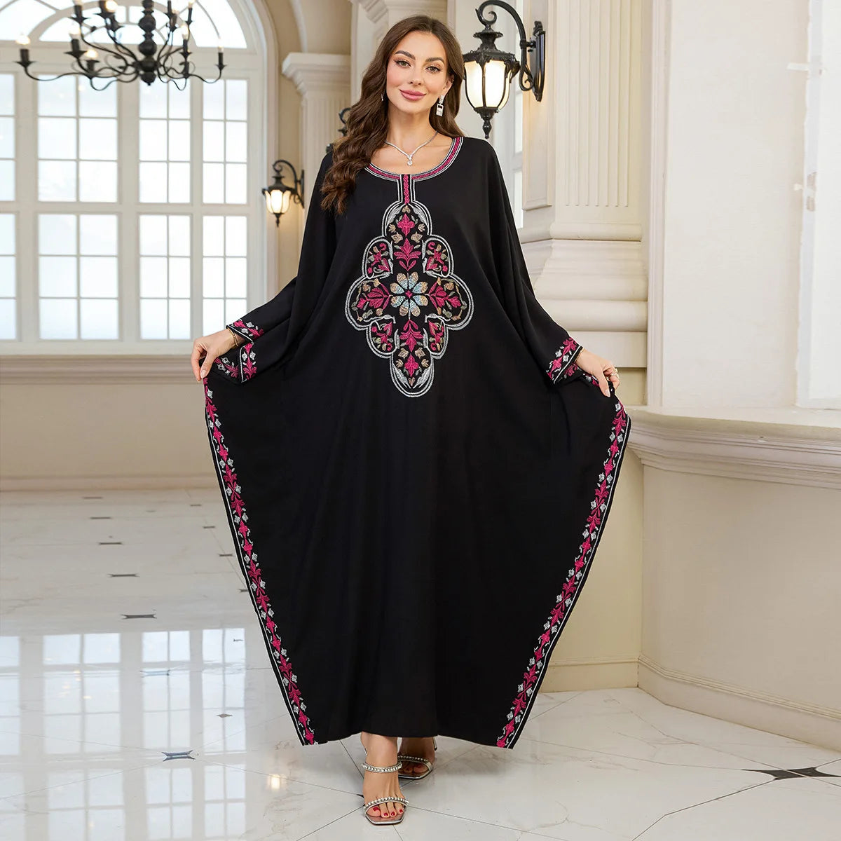 Beach Abaya in Rayon with Gold Embroidery and Batwing Sleeves for Vacation Available on for (24 Colors) L4125