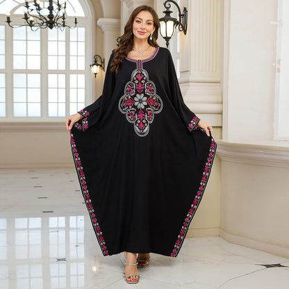 Beach Abaya in Rayon with Gold Embroidery and Batwing Sleeves for Vacation Available on for (24 Colors) L4125