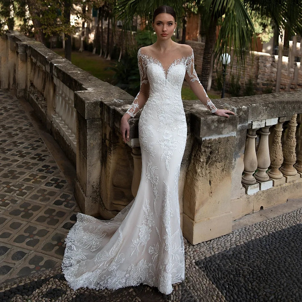 S440F 2025 Long-sleeved Halter Fishtail Tail Buckle Large Size to Map Custom Retro Slim Long-sleeved Romance Wedding Dress