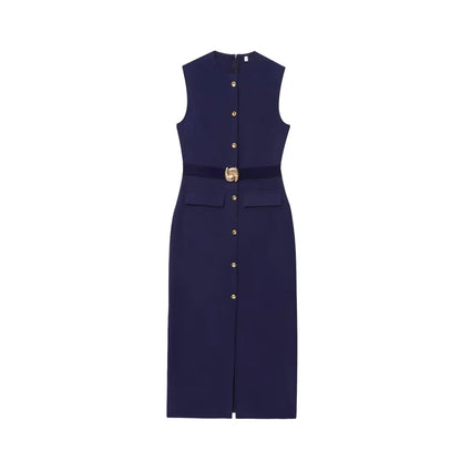 Women's new fashion split midi dress retro O-neck sleeveless women's fashion dress Vestidos Mujer