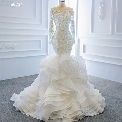 Jancember RSM66734 Mermaid Tail Off Shoulder Luxurious Long Sleeve Lace Wedding Dress