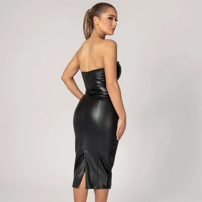 Wholesale Fashion Elegant Strapless Zipper Sexy Pu Leather Formal Midi Dresses for Ladies