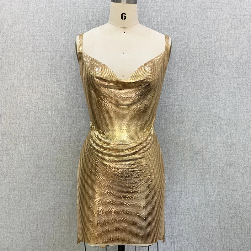 2020 Gold Chain Suspender Party Metal Mesh Dress