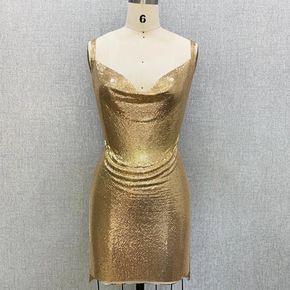2020 Gold Chain Suspender Party Metal Mesh Dress