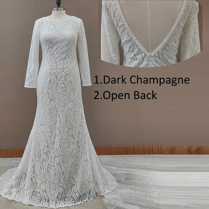 #4053 New Elegant Lace Bateau Long Sleeves Boho Wedding Dress Backless Plus Size Rustic Bridal Photoshoot Gown