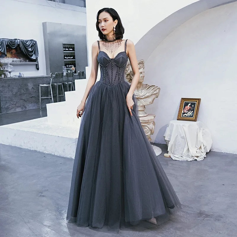 Real Photos Spaghetti Straps Lace Wedding Party Dress Exquisite   Beading Bridal Gown With Necklace Evening Prom Dress 15391