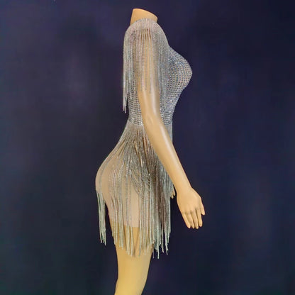 Sexy Rhinestone Tassel Prom Gown Backless Birthday Wedding Formal Dress Women Mini Party Club Dress Bodycon Evening Dress