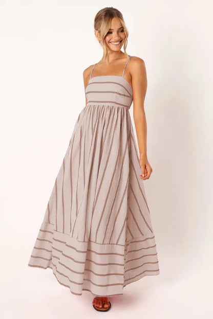 Enyami S-XL Summer Beach Holiday Boho Elegant Striped Sexy Back Design Long Sleeveless A-line Vacation Maxi Slip Women Dress