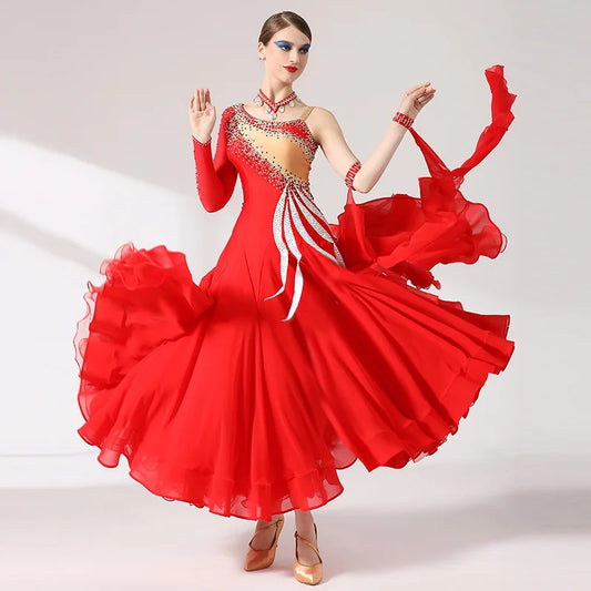 Exquisite High Quality Women Ladies Performance Wear International Standard Competition Red Ballroom Dance Dress