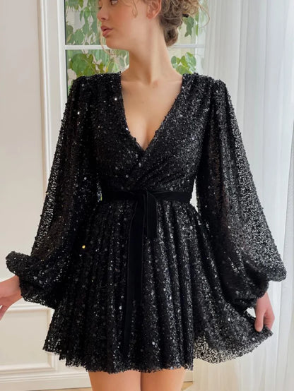 Luxury Shimmering Sequined Long Puffy Sleeves Mini Wedding Gown Birthday Party Dress for Plus Size Women Prom Evening Dress