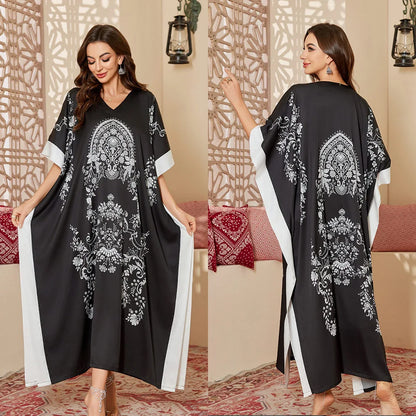 2026 New Satin Printed Abaya Women Traditional Islamic Clothing Long Robe Modest Muslim Dress