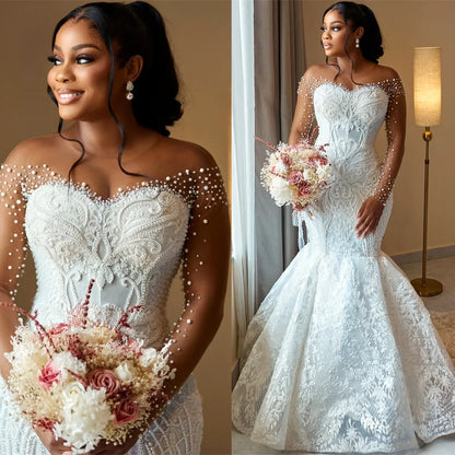 African Aso Ebi 2026 Off White Mermaid Wedding Dress Sheer Full Sleeves Beaded Pearls Vintage Elegant Bridal Gowns Dresses MW639