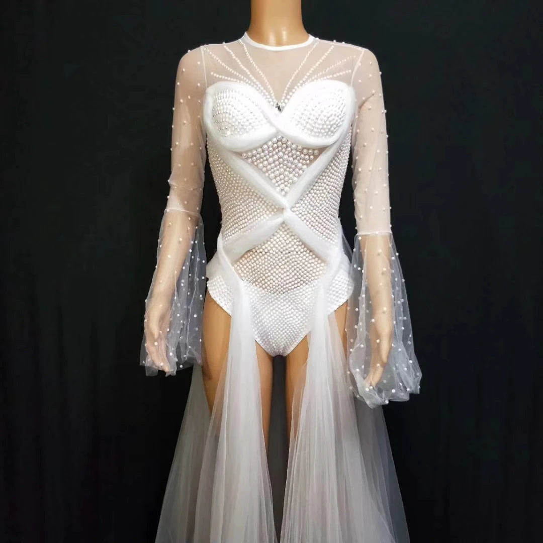 Designer See Through White Pearls Birthday Wedding Party Dress Jazz Singer Dancer Stage Costume Women Sexy Trailing Prom Dresses