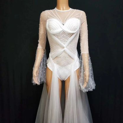 Designer See Through White Pearls Birthday Wedding Party Dress Jazz Singer Dancer Stage Costume Women Sexy Trailing Prom Dresses
