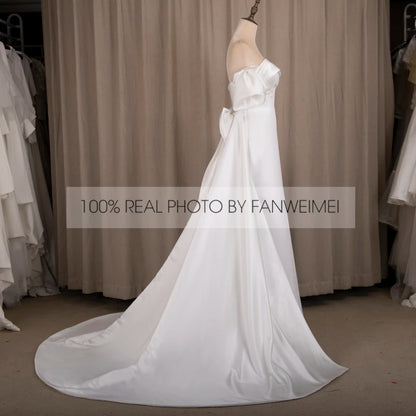 Real Photos Simple Bow Corset Back Strapless Wedding Dress Short Sleeve Satin A-Line Bridal Gown for Wedding Dress Bridal Gown