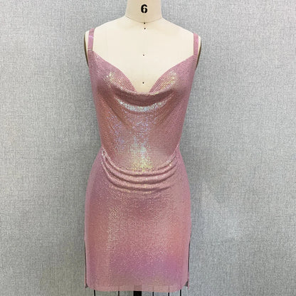 2020 Gold Chain Suspender Party Metal Mesh Dress