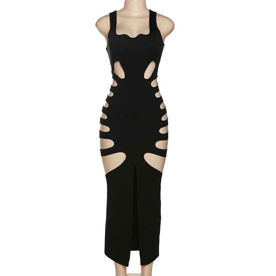 Sexy Black Slim Party Dress Side Split Skinny Hollow Out Dress Elegant Women Casual Dresses