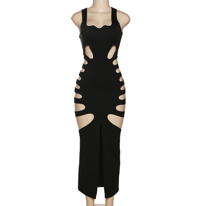Sexy Black Slim Party Dress Side Split Skinny Hollow Out Dress Elegant Women Casual Dresses