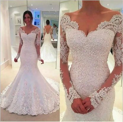 Africa Mermaid Wedding Dresses Bridal Gowns New Design Long Sleeve V Neck Sexy  Slim Fit Bride Wedding Dress 2022