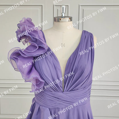 Real Photos High Quality Side Slit Ruffles Chiffon Evening Dress for Women Elegant Sleeveless Bridesmaid Dress