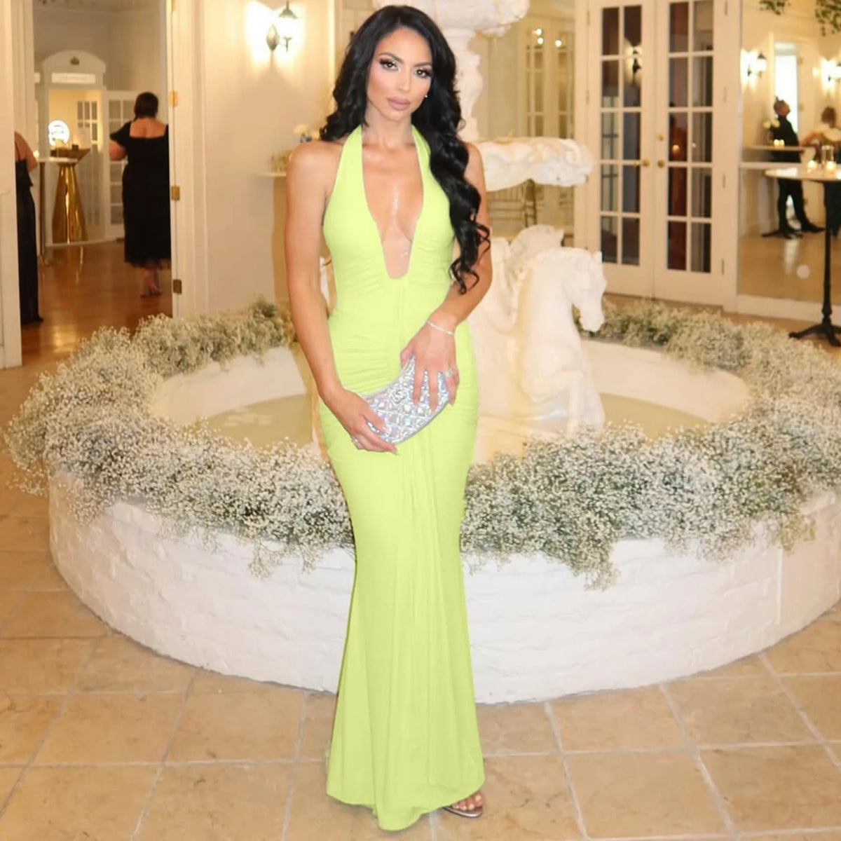 2026 Fashion Summer Women Halter Deep V-Neck Backless Solid Casual Maxi 100% Polyester Crystal Vacation Dresses