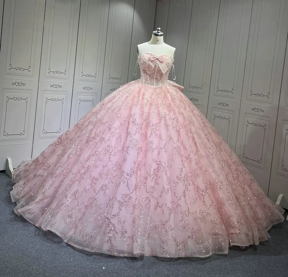 Mumuleo Sleeveless Crystal Vestidos De 15 Anos Pink Quinceanera Dress Sweetheart Neck Glitter Sequin Sweet 15 Gowns With Bow