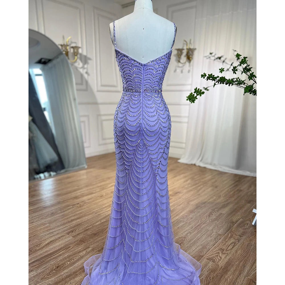 Serene Hill LA72109 Lilac Spaghetti Strap Mermaid Beaded Evening Gown with  Side Slit Formal Party Dress for Women