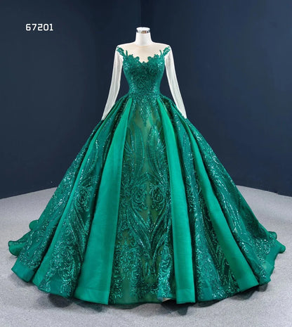Feishiluo Luxury Green Sequin Lace Crystal Wedding Dress Long Sleeves Beaded Floral Appliques Embroidery Sweep Train Ball Gown