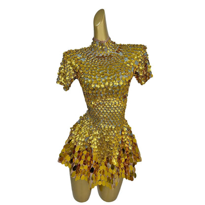 Fashion Short Sleeve Sequin Night Club Party a Line Dress Las Vegas Show Stage Performance Festival Outfit Dancer Costumes