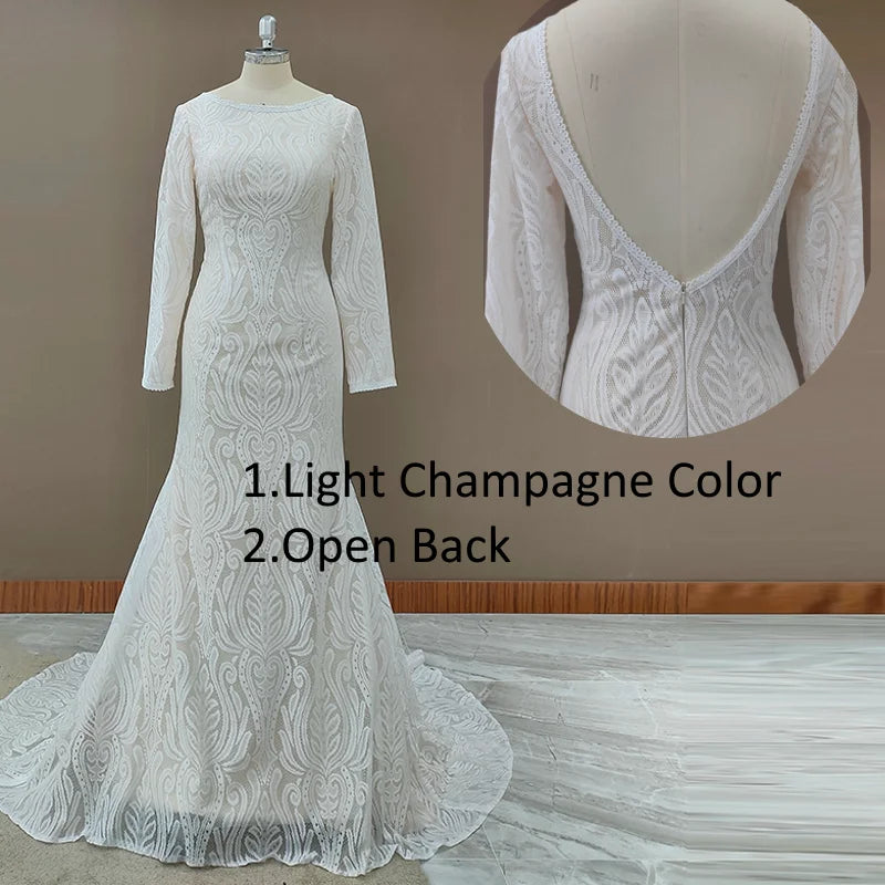 #4053 New Elegant Lace Bateau Long Sleeves Boho Wedding Dress Backless Plus Size Rustic Bridal Photoshoot Gown